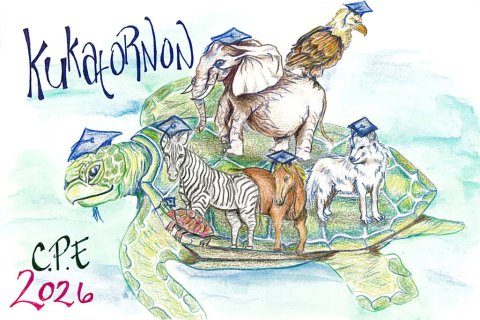 an illustration of a turtle with various animals wearing graduation caps on its back