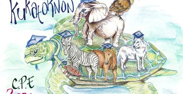 an illustration of a turtle with various animals wearing graduation caps on its back