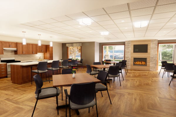 community room in an apartment building with many tables and chairs