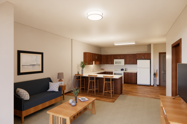 interior of an apartment unit showing living space and kitchen