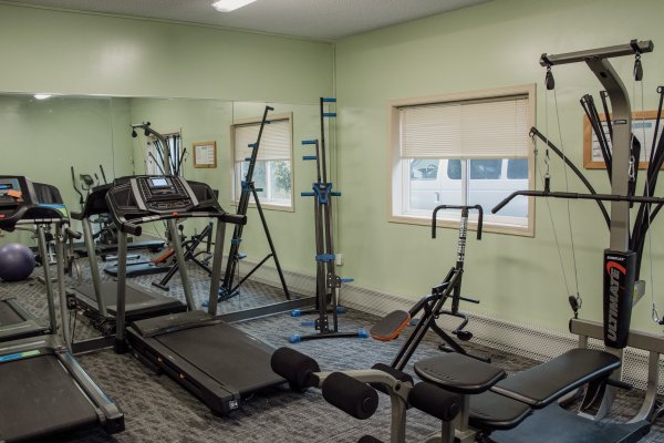 Fitness room with treadmills in front of a large mirror, a Bowflex machine on the right and other workout equipment