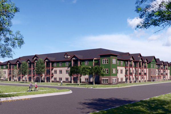 rendered image of the exterior of an apartment building
