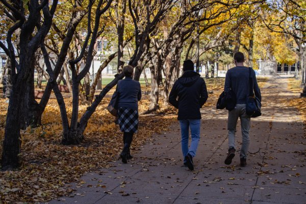 Hans, Fong and Laura walking side by side down a walking path with trees on both sides