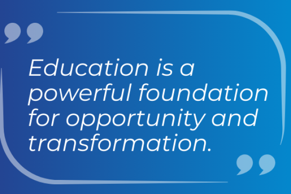 A quote on a blue background next to a black and white headshot of a woman